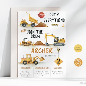 Editable Construction 2nd Birthday Invitation Construction Diggin It Second Birthday Party Invite Dump Truck Digger Printable ANY AGE