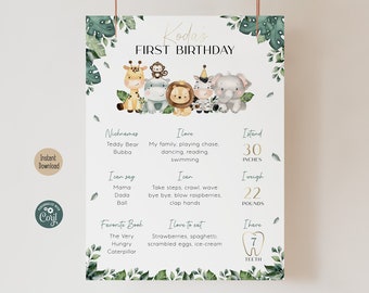 May include: A green and gold jungle-themed first birthday milestone poster with a cute illustration of a giraffe, monkey, hippopotamus, zebra, and elephant. The poster lists the child's nicknames, favorite things, and measurements, including 30 inches tall and 22 pounds.