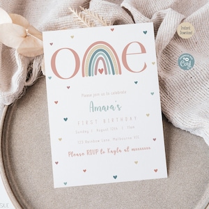 Editable Boho Rainbow 1st Birthday Invitation Girl First Birthday Pastel Rainbow Invite Modern ONEderful Printable Template Instant Download