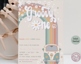 Groovy One First Birthday Invitation | Girl Retro Daisy Theme Party | Digital Template