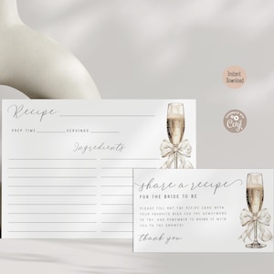 Editable Tying The Knot Bridal Shower Recipe Card, Modern Bow Bridal Brunch Card Insert Minimal Champagne Wedding Shower Printable Template