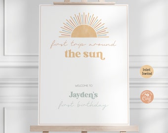 Sunshine 1st Birthday Welcome Sign | First Trip Around the Sun Theme Party Decor | Digital Template