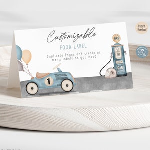 Bewerkbaar Fast One First Birthday-voedseletiket, vintage raceauto 1e ronde rond de baan verjaardagsfeestje plaatskaart bundel afdrukbaar decor