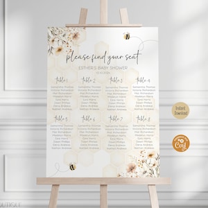 Bewerkbaar Een beetje honing is onderweg Babyshower zitplaatsen tabel, neutrale honingbij tafel zitplaatsen plan poster hommel afdrukbare sjabloon