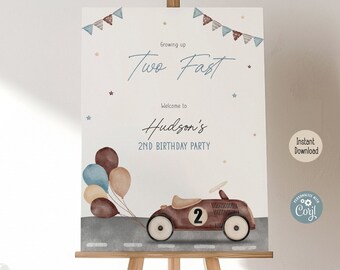Två snabba födelsedagsvälkomstskylt | Racerbilstemafestdekorationsaffisch | Digital nedladdning