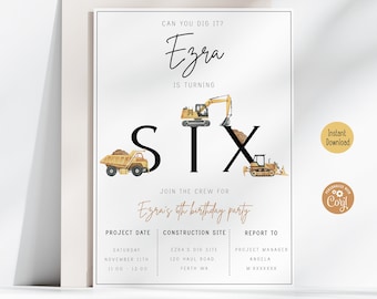 Construction 6th Birthday Invitation | Minimalist Can You Dig It Theme Party Invite | Digital Template