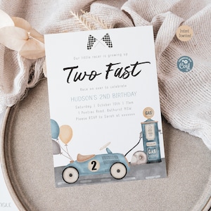 Editable Two Fast Birthday Invitation Racecar 2nd Birthday Boy Blue Vintage Race Car Second Racing Party Invite Printable Template