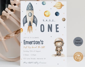 First Trip Around the Sun Invitation | Boy Outer Space Theme 1st Birthday Theme | Digital Template