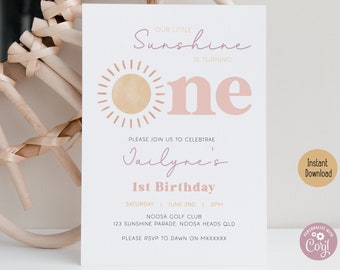 Sun First Birthday Invitation | Pastel Our Little Sunshine Theme | Digital Template