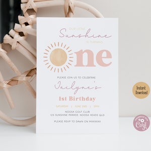 Editable Girl Sunshine First Birthday Invitation, Our Little Sunshine Birthday ONE Invite Pastel Boho Sun 1st Birthday Printable Template
