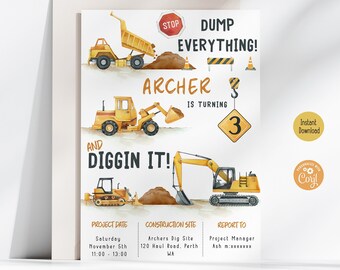 Construction Birthday Invitation | Editable ANY AGE Diggin It Theme Party Invite | Digital Template