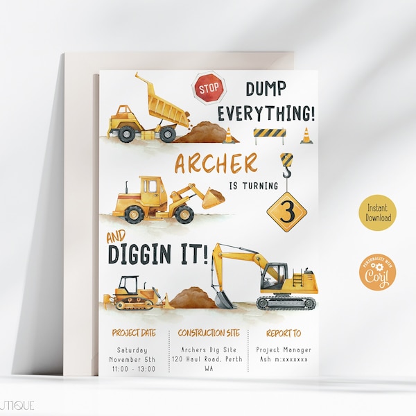 Editable Construction Birthday Invitation Construction Diggin It Party Third Birthday Invite Dump Truck Digger 3rd Printable Template