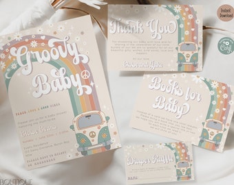 Groovy Baby Shower Invitation Set | Retro Daisy Shower Theme Invite | Digital Template