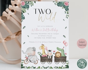 Two Wild Safari 2nd Birthday Invitation | Pink Jungle Animal Party Theme | Digital Template