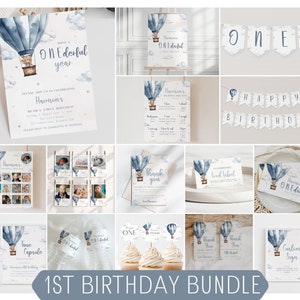 Editable Onederful Boys 1st Birthday Bundle, Teddy Bear Hot Air Balloon First Birthday Decor Beary 1st Blue Printable Invitation Template