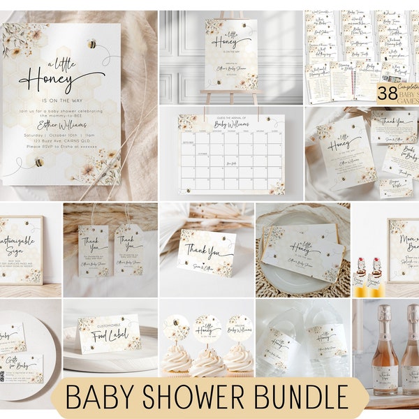 Editable Honey Bee Baby Shower Invitation Bundle, A Little Honey Is On The Way Shower Invite Neutral Wild Flower Modern Printable Template