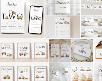 May include: Construction themed birthday party printable bundle with a yellow and gold color scheme. The bundle includes invitations, signs, thank you tags, cupcake toppers, and a favor box. The text on the invitations says "Can you dig it? Hendrix is turning two!" and "Hendrix's Construction Site".