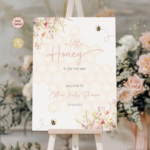 Bewerkbaar Een beetje honing is onderweg Welkomstbord babyshower, meisjes pastel bijendouche welkomstposter hommel moderne afdrukbare sjabloon