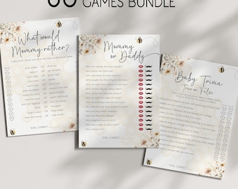 Bee Baby Shower Games Bundle, Honey Bee Shower Game Pack Modern Printable Bumblebee Predictions, Baby Trivia, Advice, Baby Bingo