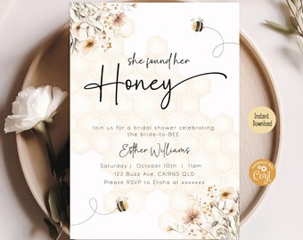 Editable Bee Bridal Shower Invitation, She Found Her Honey Bridal Brunch Invite Bride To Bee Wildflower Wedding Shower Printable Template