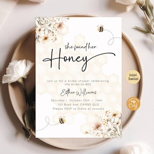 Editable Bee Bridal Shower Invitation, She Found Her Honey Bridal Brunch Invite Bride To Bee Wildflower Wedding Shower Printable Template