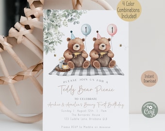 Twins Birthday Invitation Teddy Bear Picnic | ANY AGE Sibling Party | Minimalist Theme | Digital Template