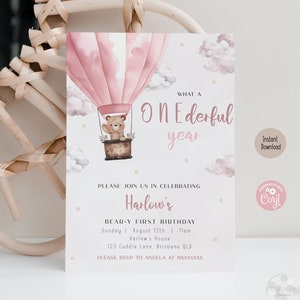 Editable Onederful Birthday Invitation, Teddy Bear Hot Air Balloon Invite Girl Beary First Birthday Pink Template Printable Instant Download