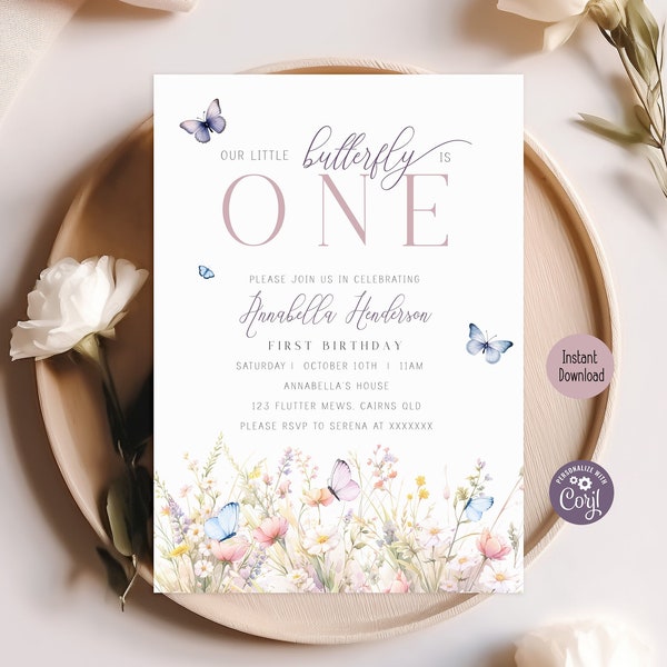 Editable Butterfly First Birthday Invitation, Our Little Butterfly 1st Birthday Invite Purple Butterfly Party Girl Printable Template