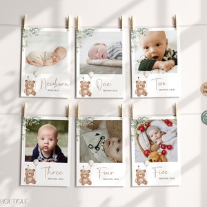 Editable Greenery Bear Birthday 1st Year Photo Banner, Teddy Bear Minimalist First Milestone Photos Monthly Photo Printable Template