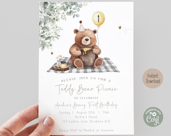 Editable Greenery Bear Birthday Invitation, ANY AGE Teddy Bear Picnic Neutral Invite Beary First Boho Birthday Minimalist Printable Template