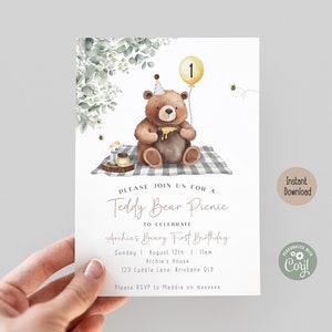Editable Greenery Bear Birthday Invitation, ANY AGE Teddy Bear Picnic Neutral Invite Beary First Boho Birthday Minimalist Printable Template