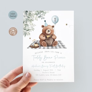 Editable Greenery Bear Birthday Invitation ANY AGE Blue Teddy Bear Picnic Invite Boy Beary First Boho Birthday Minimalist Printable Template