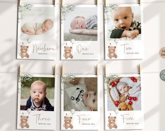 May include: A set of six printable cards featuring a baby's monthly milestones. Each card has a cute cartoon bear holding a balloon and a photo of a baby. The cards are labelled with the baby's age in months, from newborn to five months old.