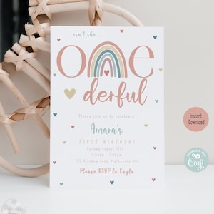 Editable Boho Rainbow 1st Birthday Invitation Onederful First Birthday Pastel Rainbow Girl Invite Modern Printable Template Instant Download