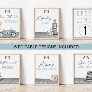 Può includere: Sei cartelli stampabili a tema corse. I cartelli presentano illustrazioni di un'auto da corsa, una pompa di benzina, un cono, un casco e pneumatici. I cartelli hanno testo che dice "Prendi uno per la strada", "Stazione di rifornimento", "Parcheggio per regali e biglietti", "Corridori, avviate i motori!", "Limite di velocità 1" e "Pneumatici di scorta, prendine uno".
