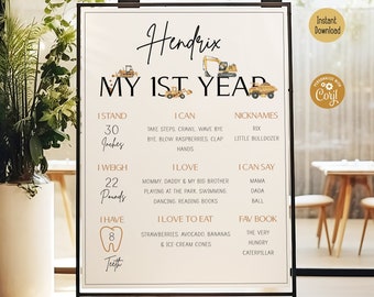 Construction 1st Birthday Milestone Board | Minimalist Can You Dig It Party Sign | Digital Template