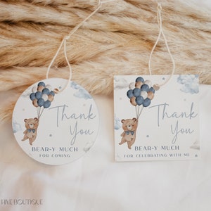 Editable Beary 1st Birthday 2x2" Favor Tags Round & Square, Teddy Bear Boy First Birthday Printable Template Instant Download
