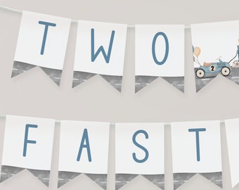 Editable Racing Two Fast Birthday Banner | Blue Race Car Theme Party Garland | Digital Template
