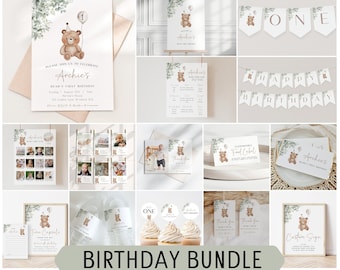 Teddy Bear Birthday Bundle | Editable Any Age Invite | Beary First Printable Template | Digital Download