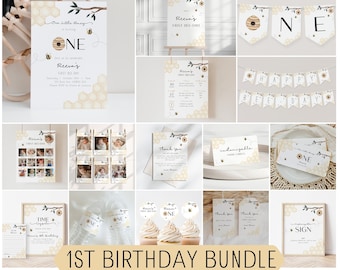 1st Bee Day Invitation Bundle | Editable Little Honey First Birthday Neutral Invite | Digital Template