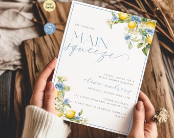 Editable Lemon Bridal Shower Invitation, Main Squeeze Bridal Shower Invite Mediterranean Blue Floral Citrus Bridal Brunch Printable Template