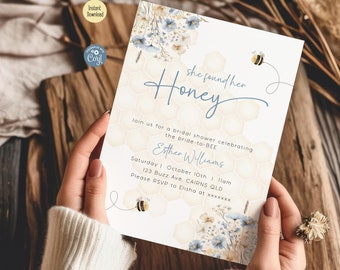 Editable Bee Bridal Shower Invitation, She Found Her Honey Bridal Brunch Invite Bride To Bee Blue Wildflower Wedding Shower Printable