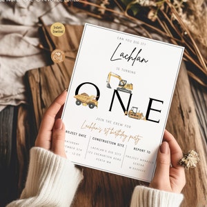 Editable Construction 1st Birthday Invitation Minimalist Can You Dig It Party Digger Boy First Birthday Invite Dump Truck Excavator Template