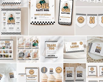 One Happy Dude First Birthday Bundle | Smiley Face 1st Birthday Invitation | Digital Template