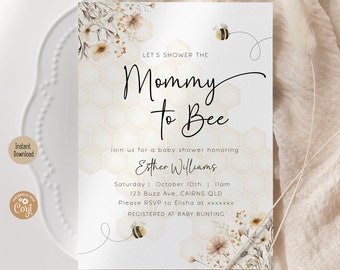 Editable Mommy To Bee Baby Shower Invitation Neutral Honey Bee Shower Invite Mum To Bee Wild Flower Bumblebee Modern Printable Template