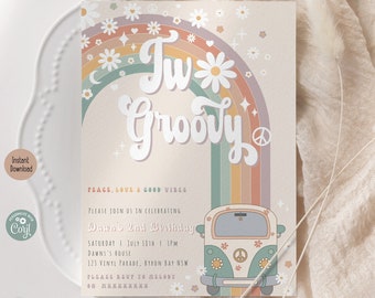 TWO Groovy Invitation | Editable Retro Hippie 2nd Birthday Invite | Digital Template