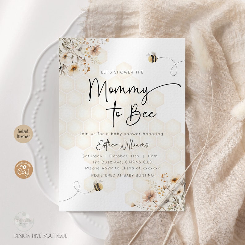 Editable Mommy to Bee Baby Shower Invitation Neutral Honey Bee Shower Invite Mum to Bee Wild ...