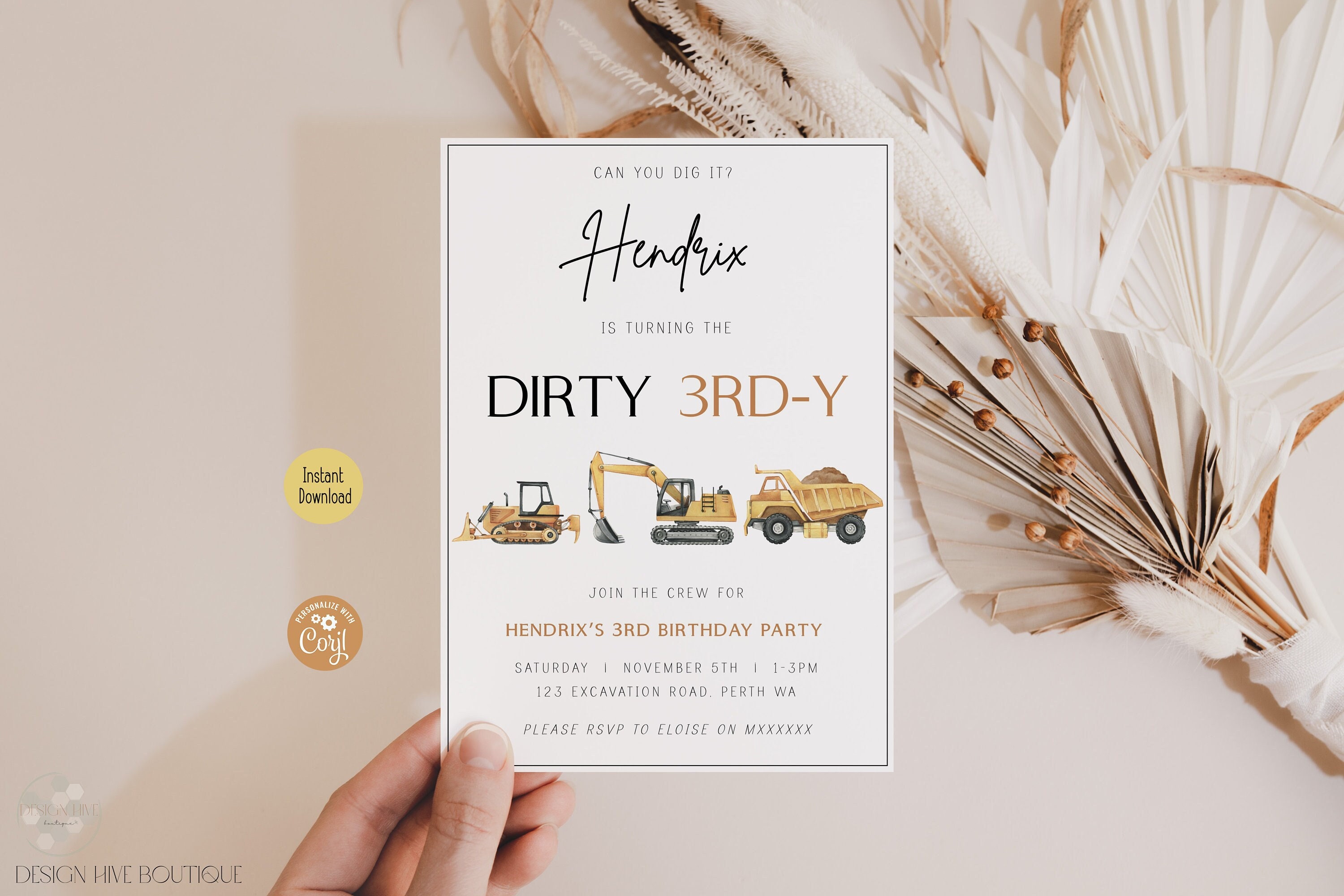 Editable Construction Dirty 3rd-y Birthday Invitation, Minimalist Excavator Party Third Birthday Invite Dump Truck Digger Printable Template