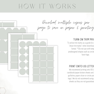 May include: A guide for printing templates, with the text "HOW IT WORKS". It shows different shapes for favor tags, with instructions on downloading, printing, and cutting. Includes advice on using trim marks.