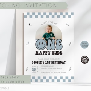 May include: A first birthday invitation card featuring a checkered border, a photo of a child, and the text Cooper is one happy dude. The design includes star and lightning bolt icons, with event details for Cooper's 1st birthday on November 10th.